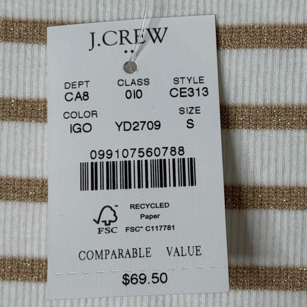 New J. Crew Factory Metallic Strip Boatneck Tee Womens S White Gold Long Sleeve - Picture 3 of 9